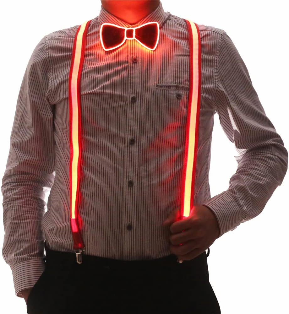 2 Pcs/Set, Light Up Men's LED Suspenders And Bow Tie, Perfect for Music Festival Halloween Costume Party, Christmas