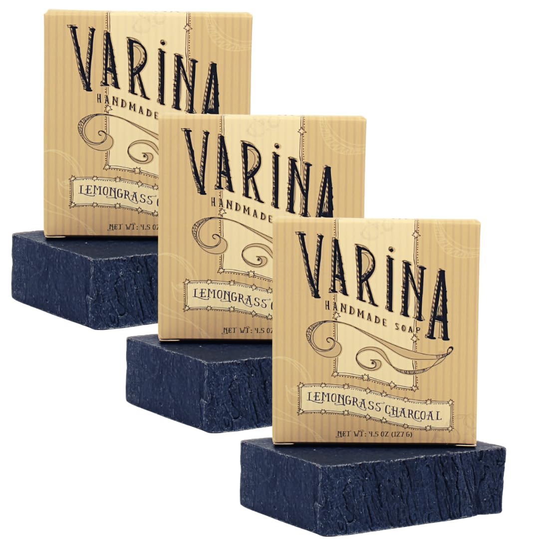 Organic Lemongrass Soap - Charcoal Bar - Gentle Cleansing for Sensitive Skin Citrus Herbal - 3 Pack - Natural Soap