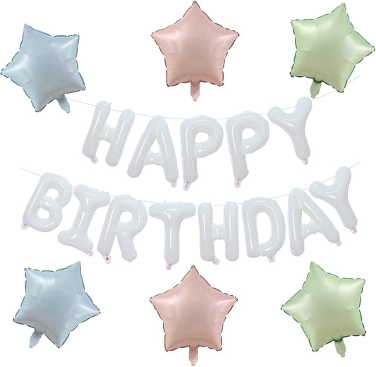 KALOR White Happy Birthday Balloons Kit with16 Inch Mylar Foil Letters Balloon and Star Balloons for Women, Men, Boys & Girls Kids Birthday Decorations Photo Backdrop