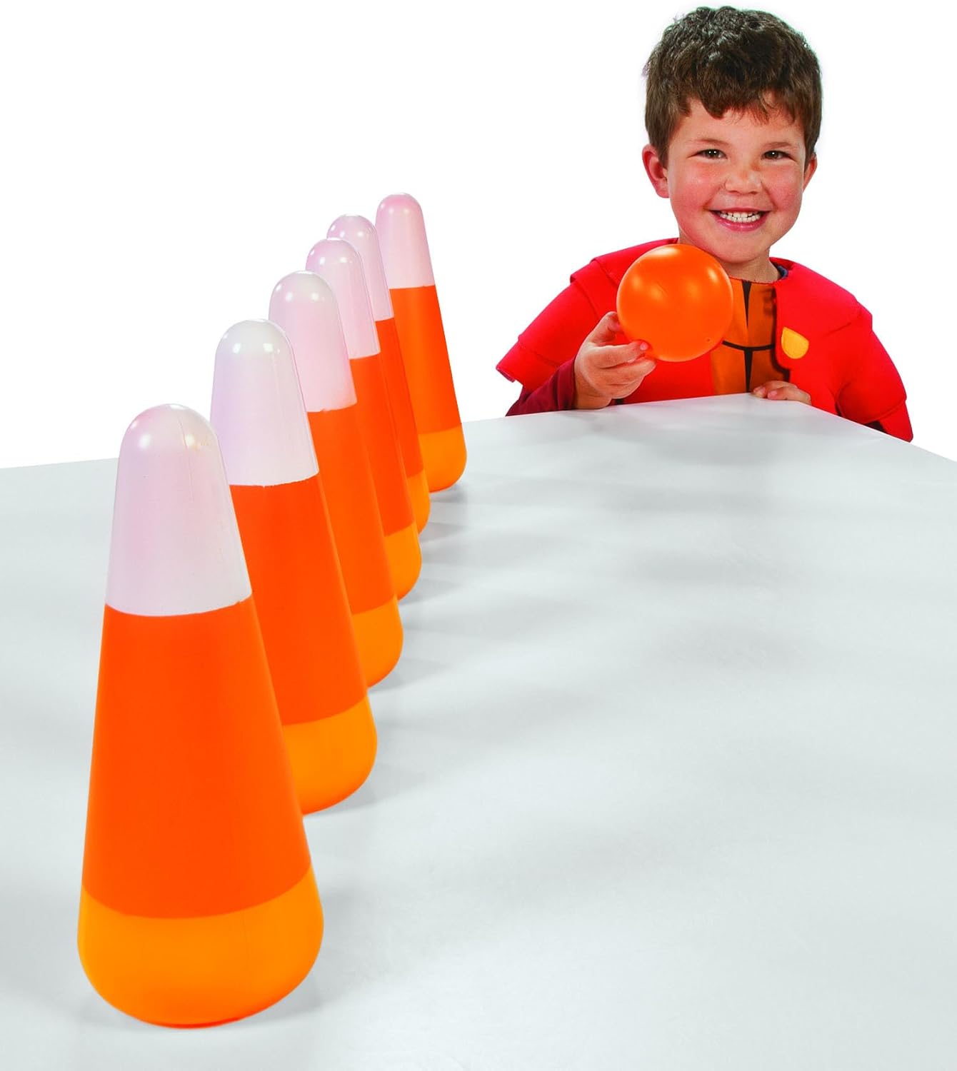 Fun Express Halloween Games for Kids Party - Candy Corn Pumpkin Bowling Set with 6 Pins & Ball | Fall Festival Games for Outdoor Trunk or Treat Activities & Carnival Events | Safe Plastic Design
