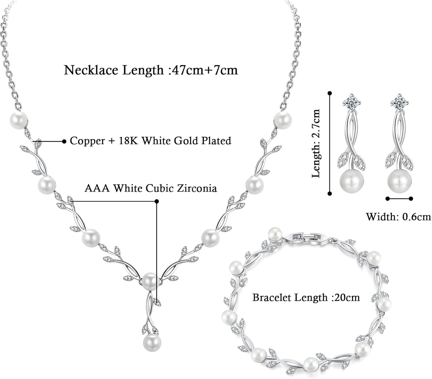 Hadskiss Jewelry Set for Women, Necklace Dangle Earrings Bracelet Set with White AAA Cubic Zirconia, Allergy Free Wedding Party Jewelry for Bridal Bridesmaid