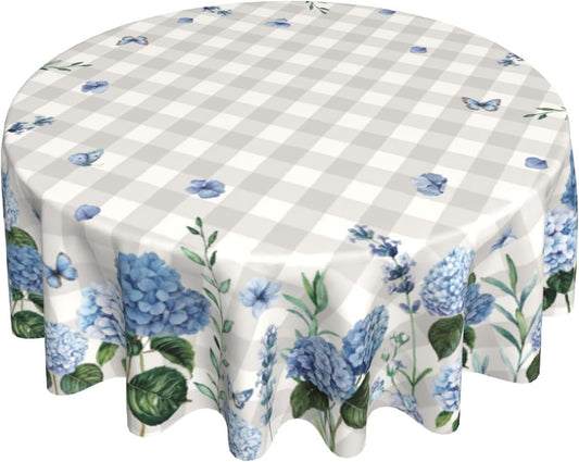 Giwawa Spring Summer Round Tablecloth 60in Watercolor Blue Hydrangea Floral Butterfly Table Cover Grey Buffalo Plaids Washable Table Cloth for Dining Kitchen Picnic Indoor Outdoor Decor
