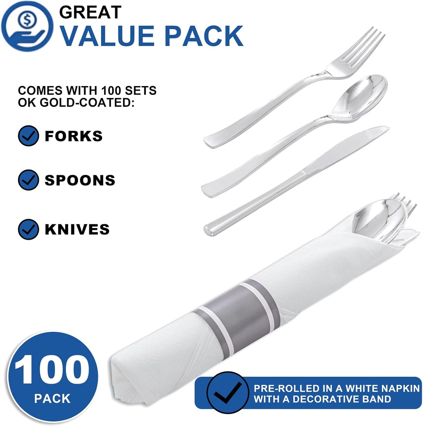 400PCS Wrapped Silver Plastic Silverware Sets - Heavy Duty Plastic Silverware Include Pre Rolled Disposable Utensils with Napkins for Parties & Dinners & Weddings