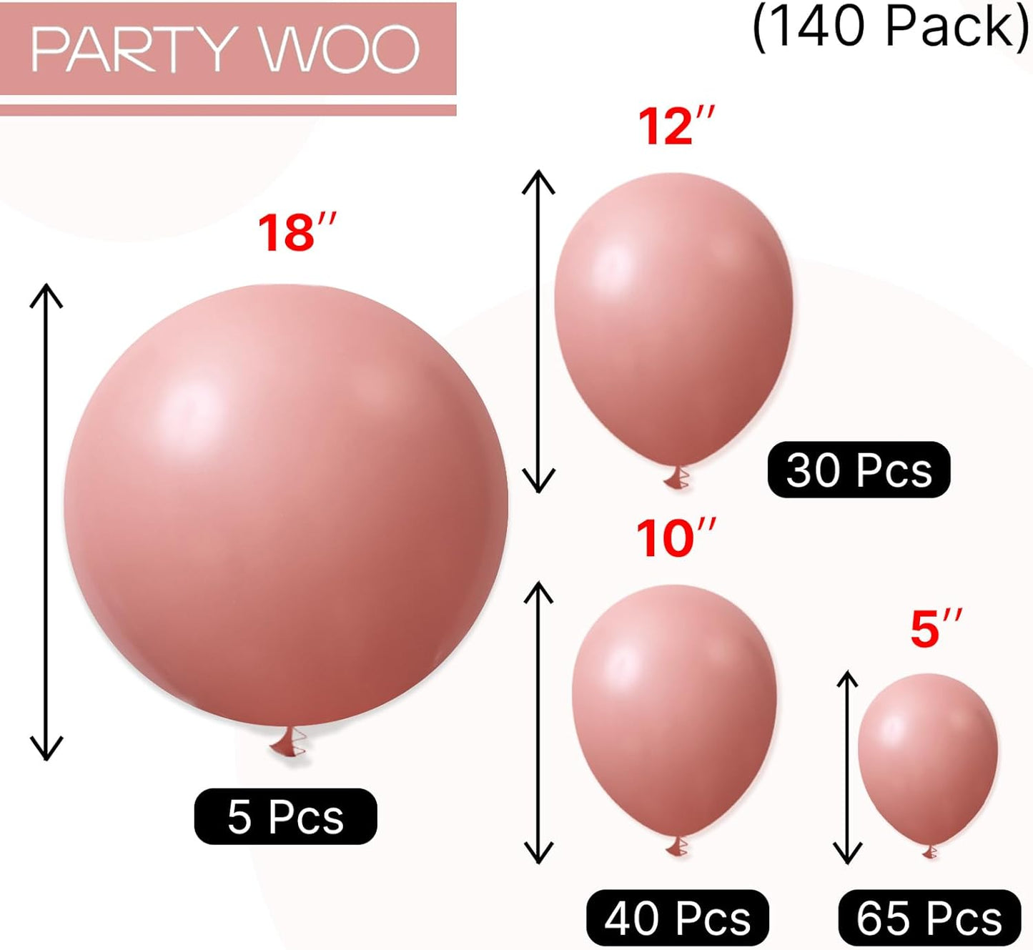 PartyWoo Dusty Pink Balloons 140pcs Different Sizes of 18 12 10 5 Inch Blush Pink Dusty Rose Boho Netural Balloon Arch Kit Garland for Baby Shower Princess Girl Birthday Party Decorations Pink-F01