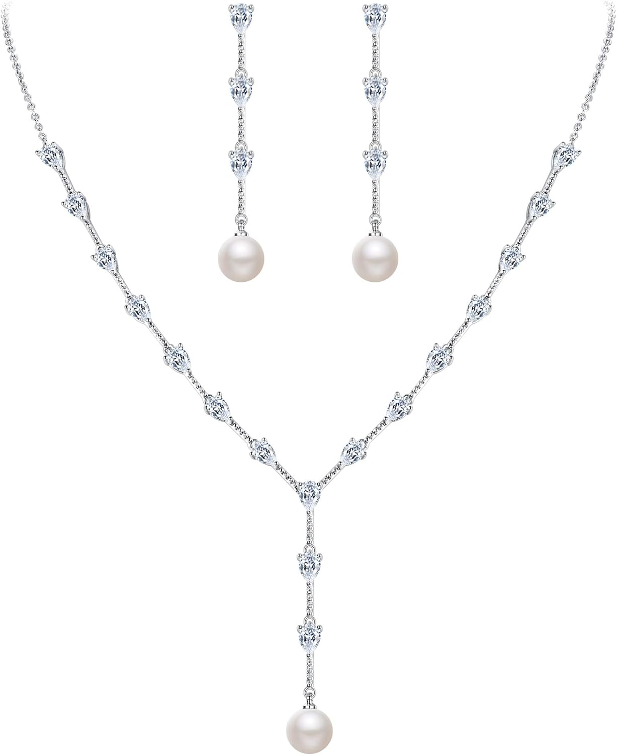 EleQueen Women's Simulated Pearl Wedding Jewelry Set, Cubic Zirconia Marquise Floral Bridal Necklace Earrings Bracelet Sets