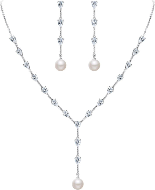 EleQueen Women's Simulated Pearl Wedding Jewelry Set, Cubic Zirconia Marquise Floral Bridal Necklace Earrings Bracelet Sets