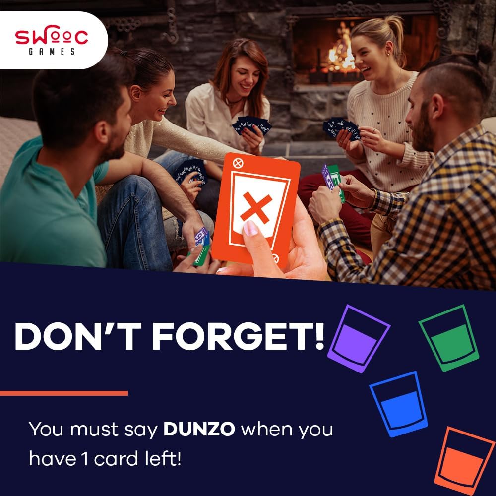 DUNZO® - Hydrating Version of Classic Card Game with 4 Unbreakable Glasses - Draw Two, Skip, Reverse, Get Loco - Fun Party Game & Funny Gifts - Card Games