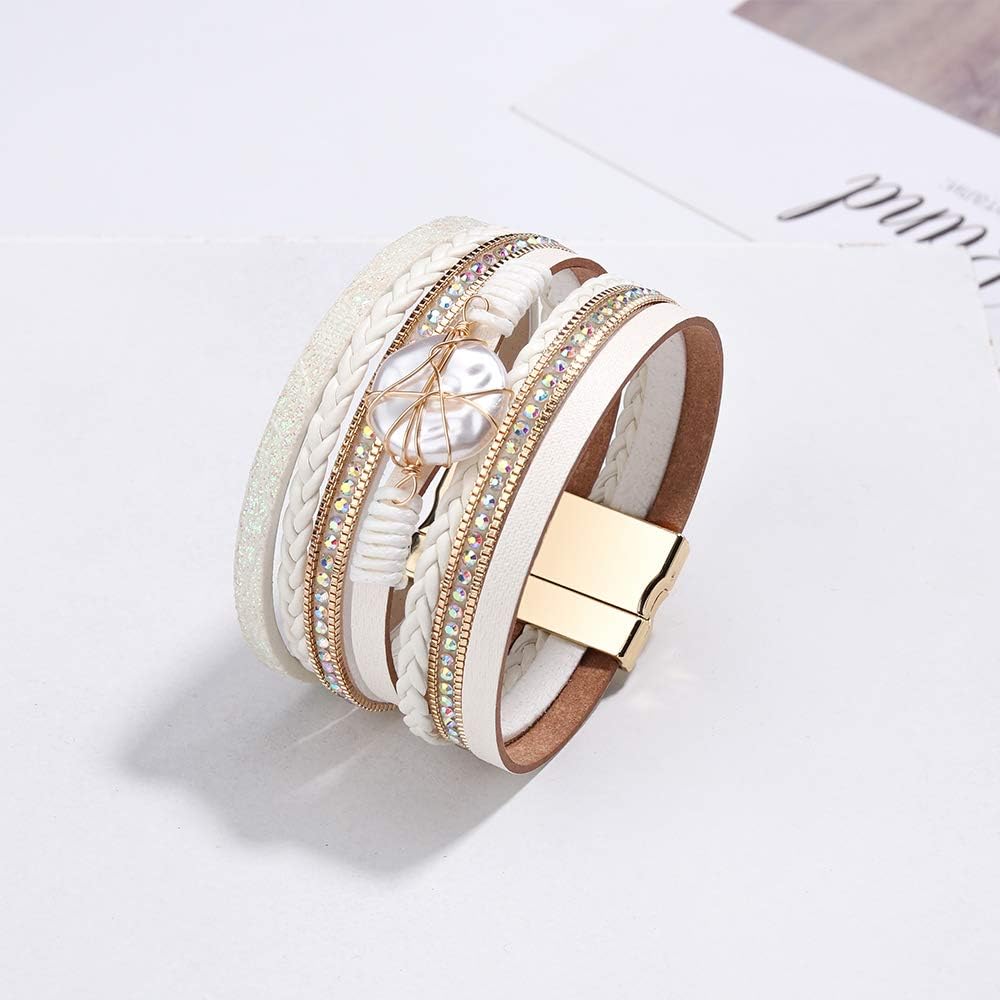 Fesciory Leopard Bracelet for Women, Boho Leather Wrap Multi-Layer Pearl Crystal Bracelet Bangle Jewelry