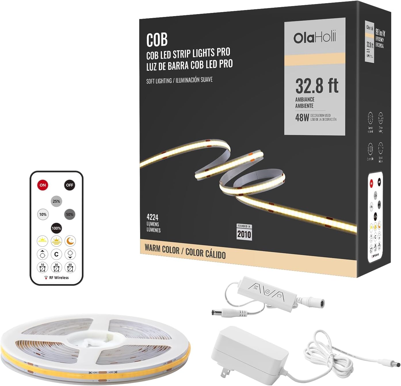 32.8ft COB Led Strip Light with Remote, 2700K Dimmable Bright Warm White Led COB Strip Light, White Led Strip Light for Mirror, Stair, Cabinet, Room