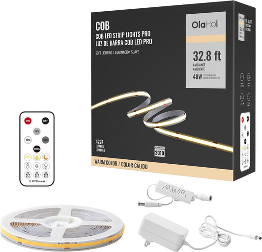 32.8ft COB Led Strip Light with Remote, 2700K Dimmable Bright Warm White Led COB Strip Light, White Led Strip Light for Mirror, Stair, Cabinet, Room