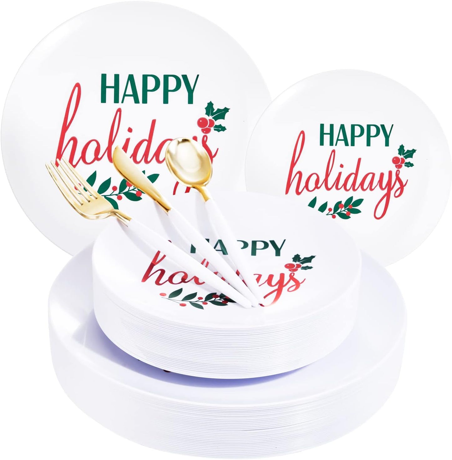 Supernal 150pcs Christmas Plastic Dinnerware with Holiday Plastic Plates,White and Gold Disposable Silverware, Christmas Plates with "Happy Holiday"