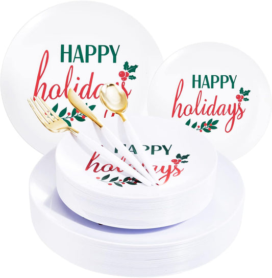 Supernal 150pcs Christmas Plastic Dinnerware with Holiday Plastic Plates,White and Gold Disposable Silverware, Christmas Plates with "Happy Holiday"