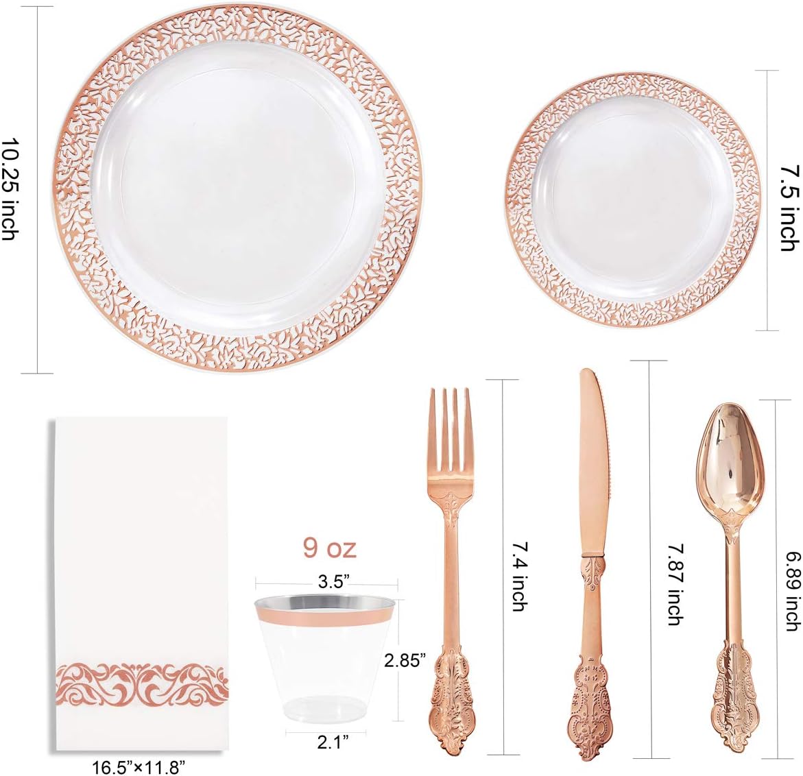 I00000 50 Guests Clear Rose Gold Plastic Plates - Disposable Dinnerware Set Includes: 100 Clear Rose Gold Plastic Plates, 150 Silverware, 50 Napkins, 50 Cups Perfect for Party & Wedding