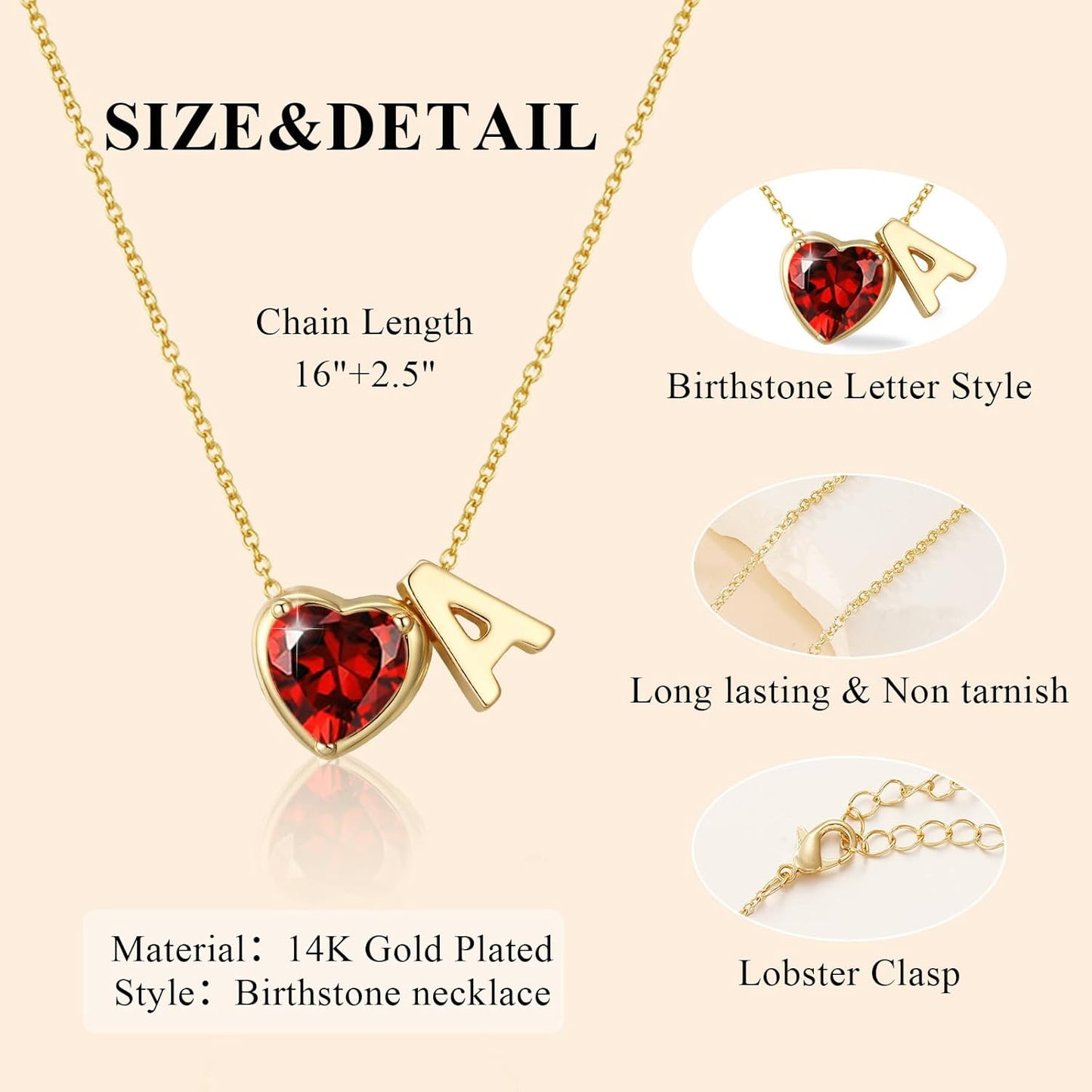 Heart Birthstone Initial Necklace for Women Girls,14K Gold Plated Heart Letter A-Z Necklace Dainty Birthday Trendy Jewelry Gifts for Women Girls Daughter