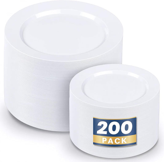WDF 200pcs White Plastic Plates Disposable - Heavy Duty Plastic Plates for Party - Include 100 x 10" Dinner Plate and 100 x 7" Dessert/Cake Plate - Ideal for Weddings/Parties/Events