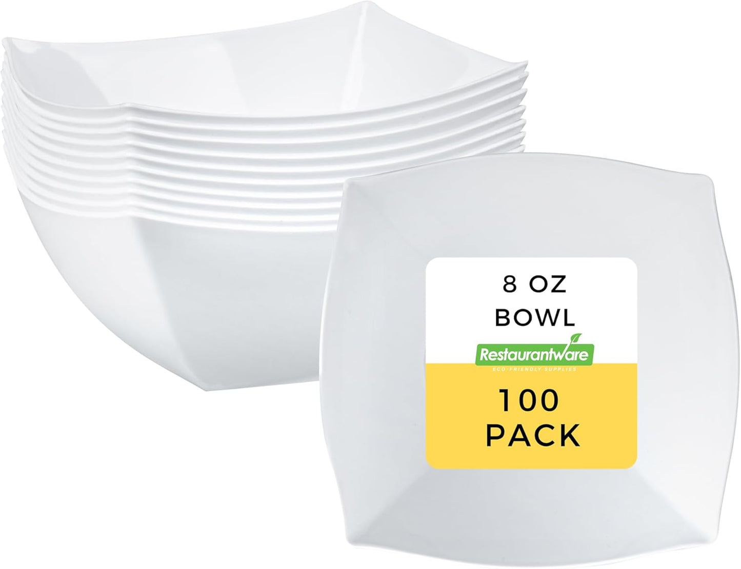 Restaurantware Moderna 8 Ounce Fancy Plastic Bowls 100 Square Disposable Salad Bowls - Durable Heavy-duty White Plastic Bowls For Warm And Cold Foods