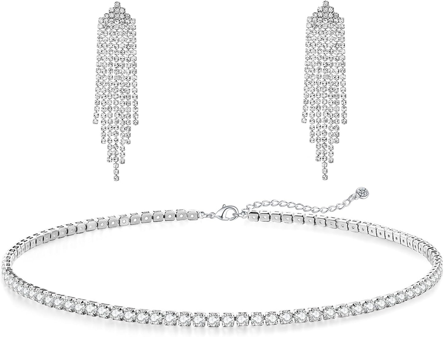 Tennis Necklace Bracelet for Women, Sterling Sliver, Dainty Chocker Necklace, Crystal Bracelet for Women, Wedding Jewelry for Bride, Sparkly Party Prom Hypoallergenic