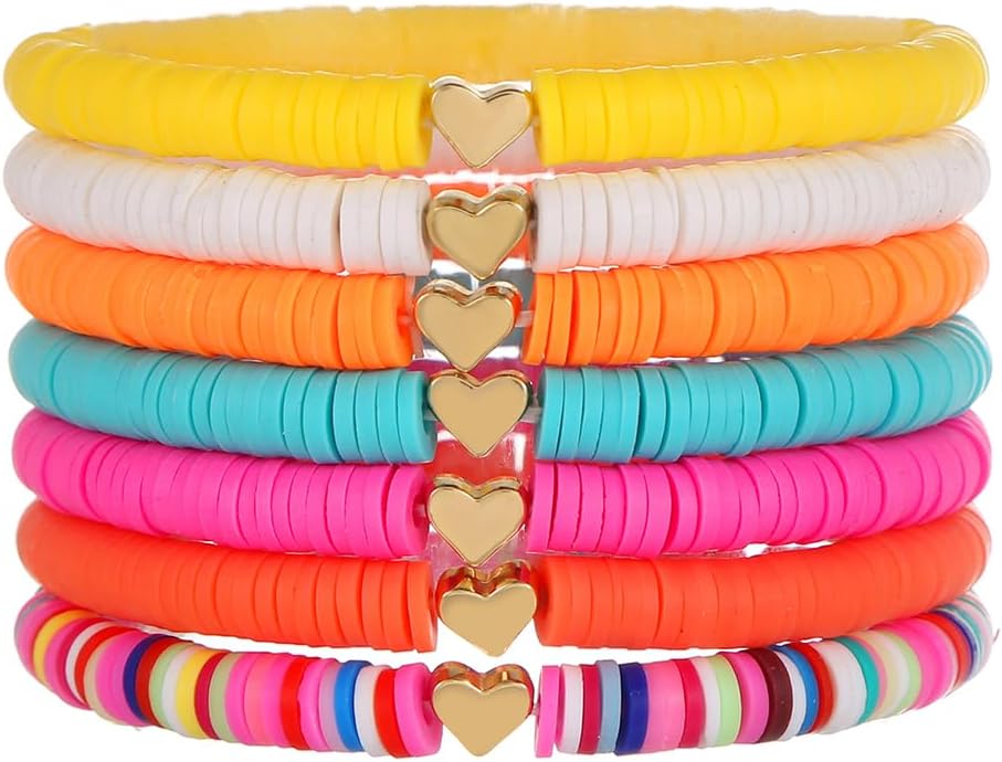 Friendship Bracelets for Women - Heishi Surfer Colorful Smile Evil Eye Clay Beaded Stretch Bracelets Elastic Layering - Stackable Boho Disc Y2K Aesthetic Summer Jewelry Set.