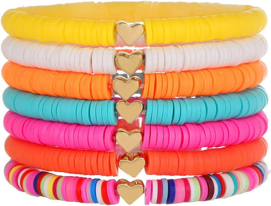 Friendship Bracelets for Women - Heishi Surfer Colorful Smile Evil Eye Clay Beaded Stretch Bracelets Elastic Layering - Stackable Boho Disc Y2K Aesthetic Summer Jewelry Set.
