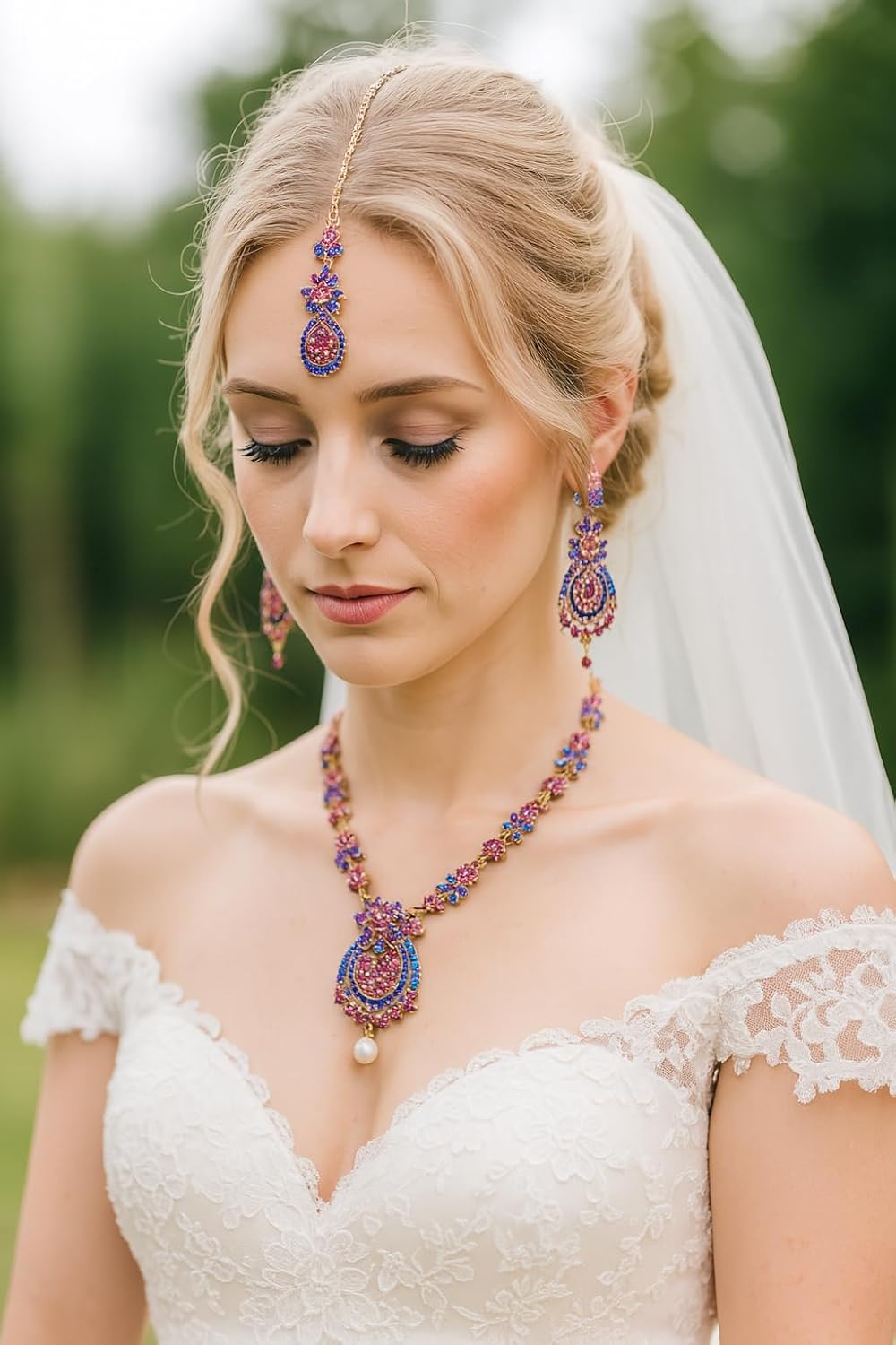 Touchstone Indian jewelry sets for women maang tikka wedding guest gold necklace bollywood jewellery set pageant elegant prom bride accessories western crystal chunky rhinestone necklaces