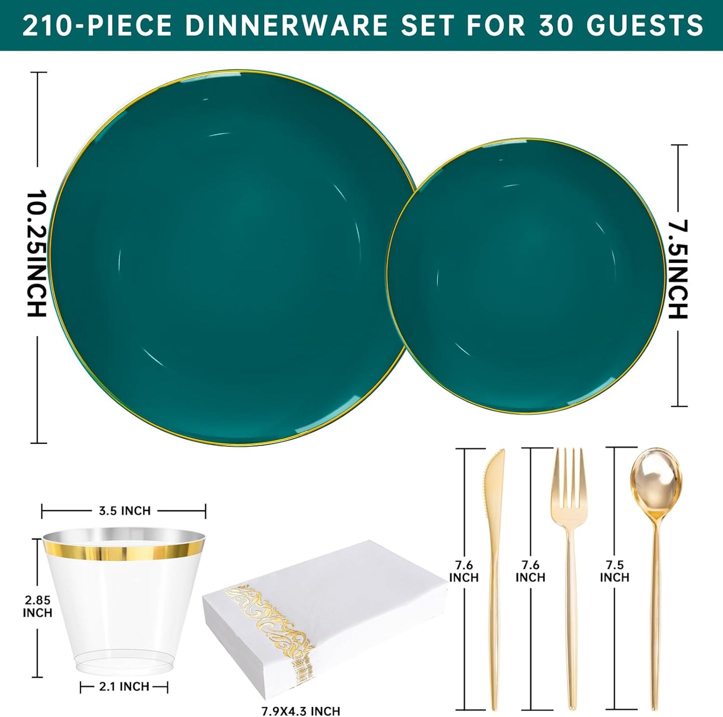 LUODA MirthMood 210pcs Green Plastic Plates,Disposable Green Gold Party Plates,Include 30 Dinner,Dessert Plate,30 Cup&30 Napkins, 90 Gold Silverware for Wedding & Party & Birthday（green）
