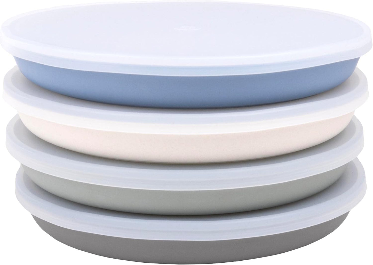 WeeSprout Bamboo Plates with Silicone Lids, Set of 4, Kid-Sized Dinnerware, Cereal, Leftovers & Snacks, Dishwasher Safe Melamine Dishware (Blue, Green, Gray, & Beige)