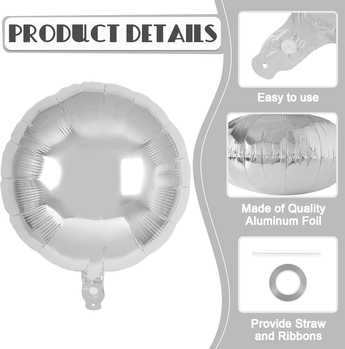 20 Pcs Silver Round Shaped Balloons,18 Inch Round Foil Balloon,Giant Round Mylar Balloon Helium Balloons for Birthday Party Baby Shower Wedding Decorations (Silver)