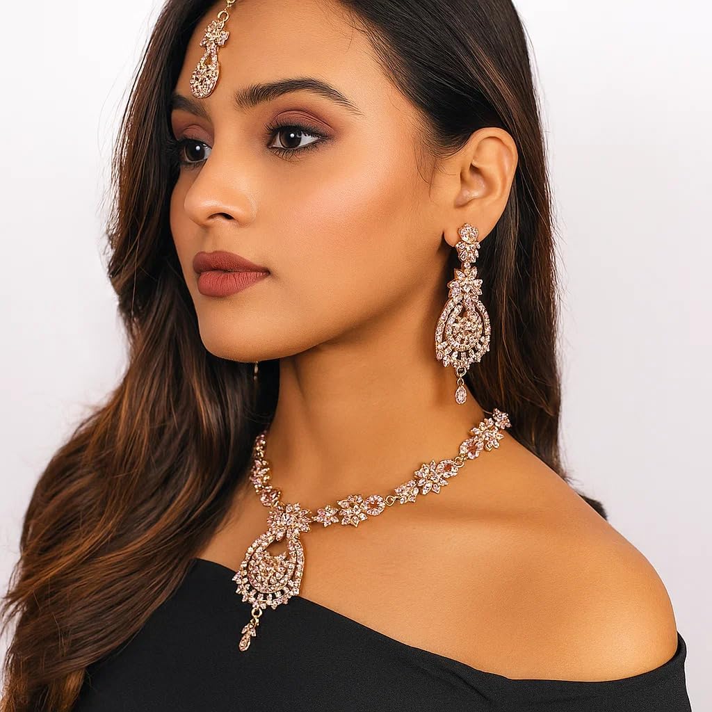 Touchstone Indian jewelry sets for women maang tikka wedding guest gold necklace bollywood jewellery set pageant elegant prom bride accessories western crystal chunky rhinestone necklaces
