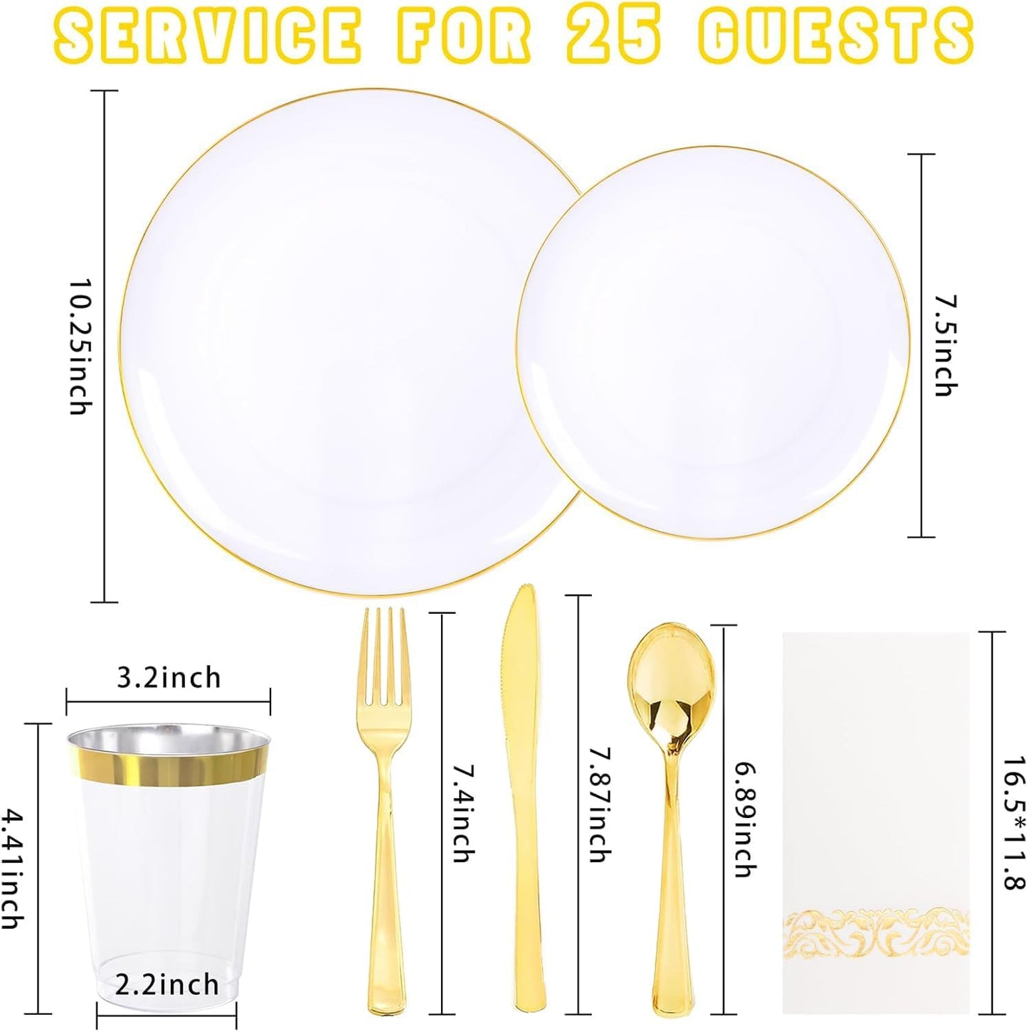 YOUBET 175PCS Gold Rimmed Plastic Plates - White and Gold Disposable Plates Includes 25 Dinner Plate, 25 Dessert Plate, 75Silverware, 25 Cups, 25 Napkins for Wedding & Party & Thanksgiving