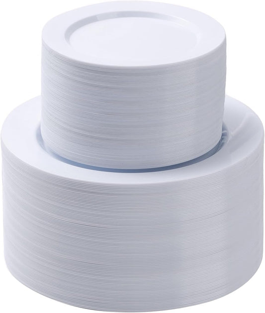 Goodluck 200PCS White Plastic Plates, Heavy Duty Disposable Plates with 100 10.25 inch Dinner Plates and 100 7.5 inch Dessert Plates for Party, Holiday, Wedding, Thanksgiving