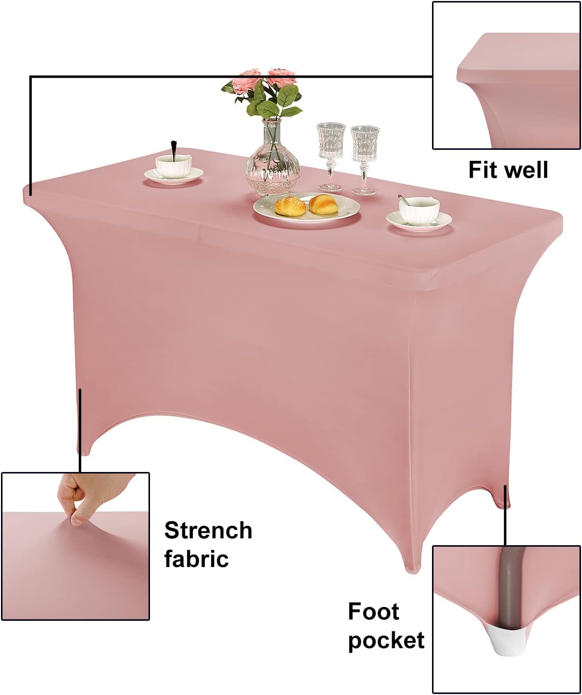 FORLIFE Spandex Table Covers，Fitted Tablecloth for Rectangular Tables, Stretch Patio Table Covers, Universal Spandex Table Cover for Wedding, Banquet, Party (4ft, Dusty Pink)