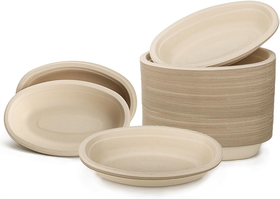 Aksipo 28 OZ 50 Count Paper Bowls, Oval Paper Bowls, Soup Bowl, Meal Prep Containers, Microwave Safe, Compostable, Large Disposable Bowls for Nacho, Burrito, Salad, Baked Potato, Chips and Cheese