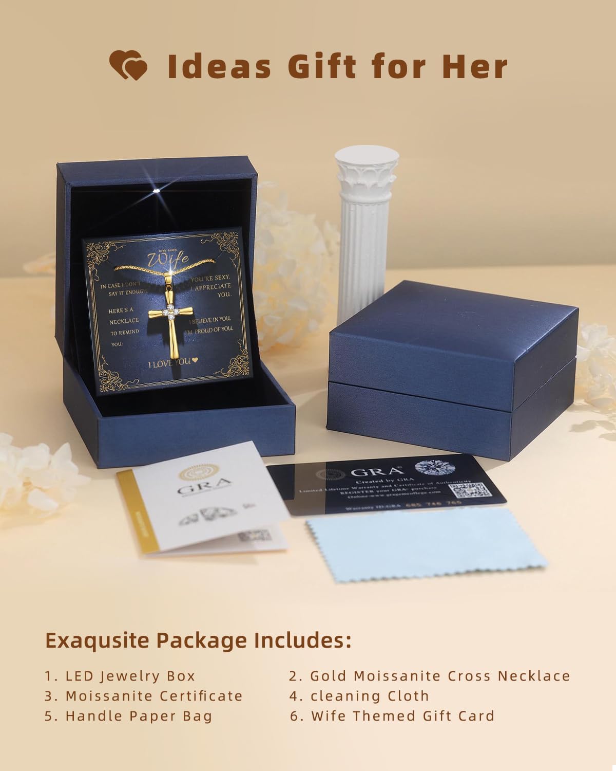 Gold Moissanite Cross Necklace for Women Wife in Light-Up Gift Box,Love Card - Women Anniversary Birthday Gifts Ideas for Wife Her Girlfriend, Christian Cross Chain Jewelry 1CT (18K Real Gold Filled)