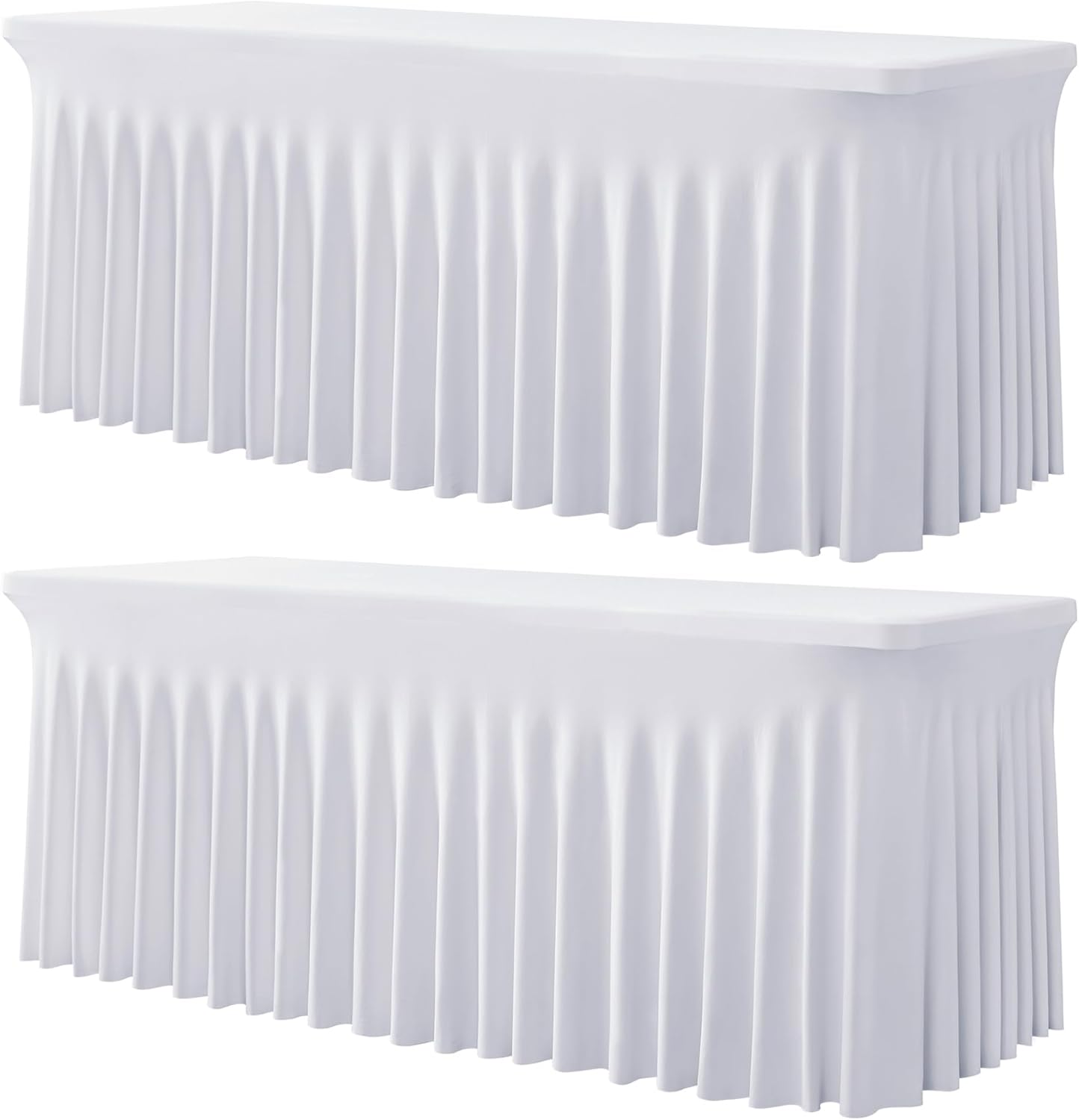 2 Pack White Spandex Tablecloth for 5 Foot Rectangle Tables, Wrinkle Free Fitted Table Clothes Cover 5ft Stretchy Tablecloths with Skirt for Parties Weddings Birthday Banquet Baby Shower