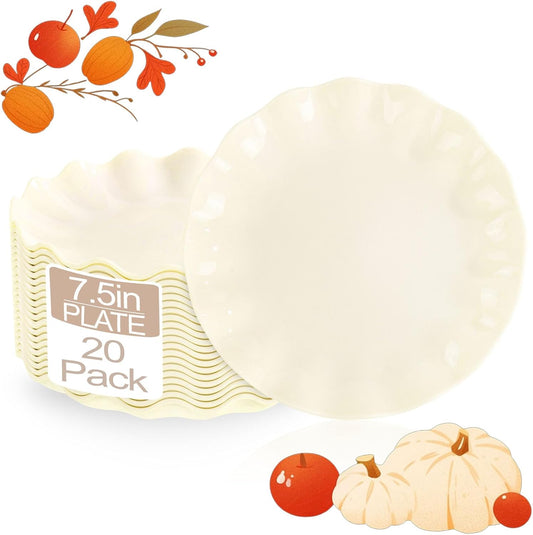 LIYH 20 Pcs Beige Plastic Plates Reusable 7.5 Inch - Unbreakable Plastic Dessert Plates - Scalloped Cake Plate for Weddings Camping Party Outdoor Picnics Dishwasher Safe BPA Free