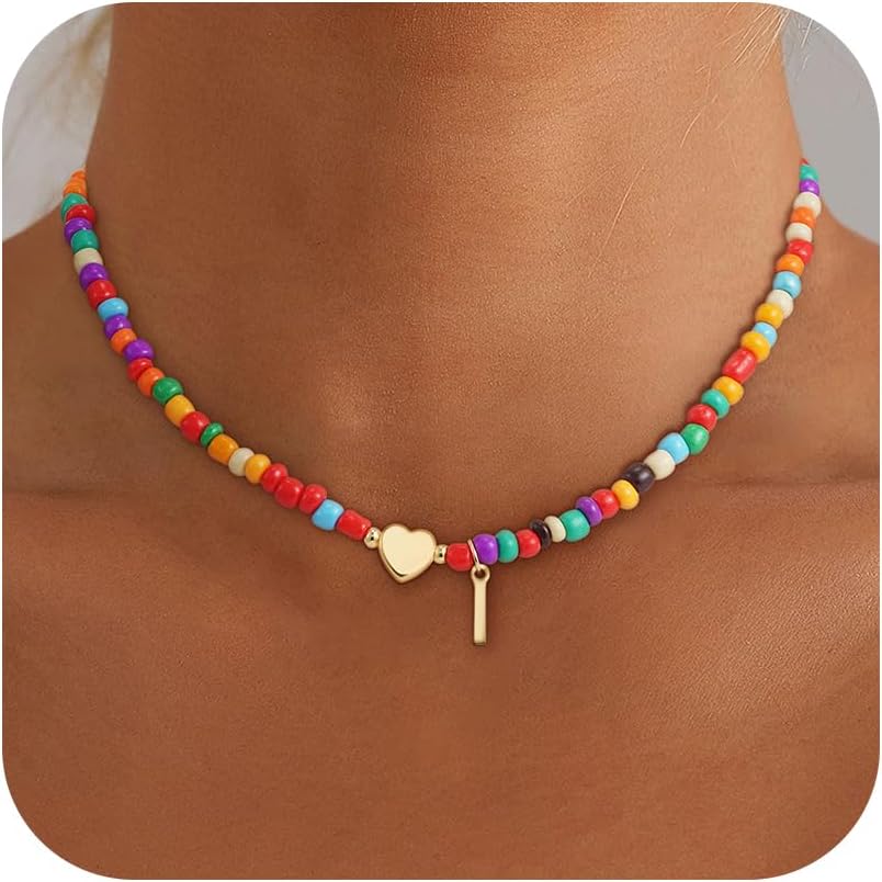 Christmas Gifts for Grandkids Teens Girls - Colorful Beaded Initial Necklace Teen Girl Gifts Trendy Stuff Dainty Letter Choker Necklace Stocking Stuffers for Teen Girls Women Jewelry