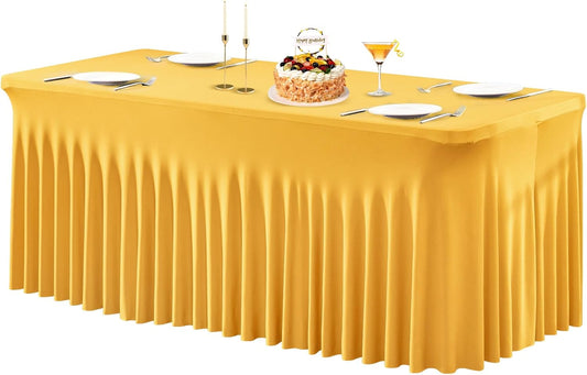 PARTISKY Golden Spandex Tablecloth for 6ft Rectangle Tables, Stretchable Table Cover Skirt for Folding Tables Weddings Parties Banquets Events Trade Shows and Dessert Table