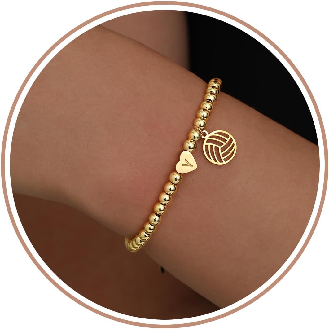 Volleyball Stuff, Volleyball Gifts Stocking Stuffers for Teens Initial Bracelet Adjustable Letter A-Z Gold Beaded Bracelets for Women Heart Link Valentines Day Gift Basket Christmas Graduation Jewelry