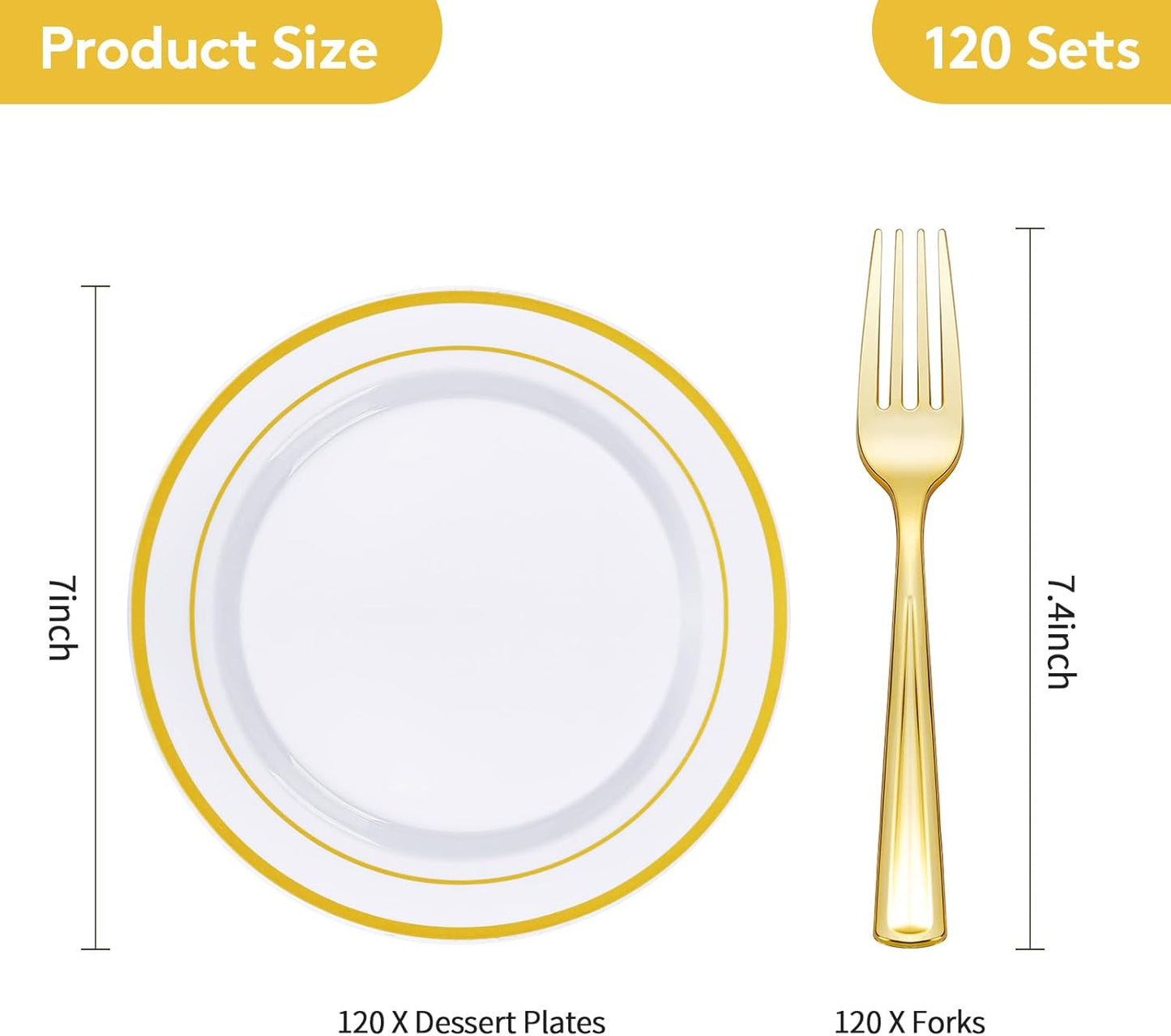 Goodluck 240PCS 7" Gold Dessert Plastic Plates with 7.4" Forks, Gold Appetizer Plates for 120 Guests, Including 120 Disposable Cake Plastic Plates and 120 Forks for Wedding/Birthday Party