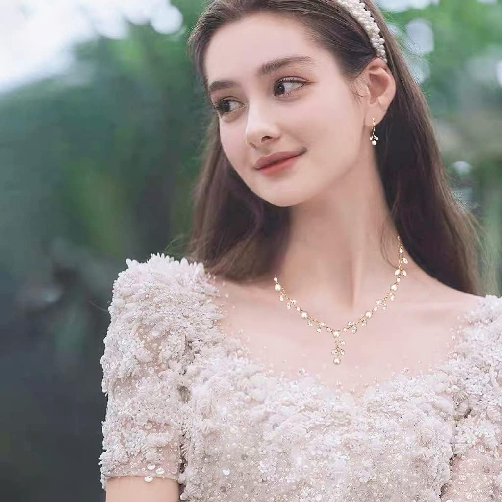 Luxury Cubic Zirconia Aurtrian Crystal Pearl Floral Necklace Dangle Earrings Wedding Bridal Jewelry Set Birthday Gifts for Her