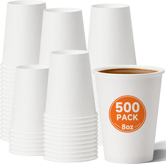 500 Pack Coffee Cups 8 oz White Disposable Paper Cups, Hot Beverage Drinking Cup for Parties, Travel, and Events