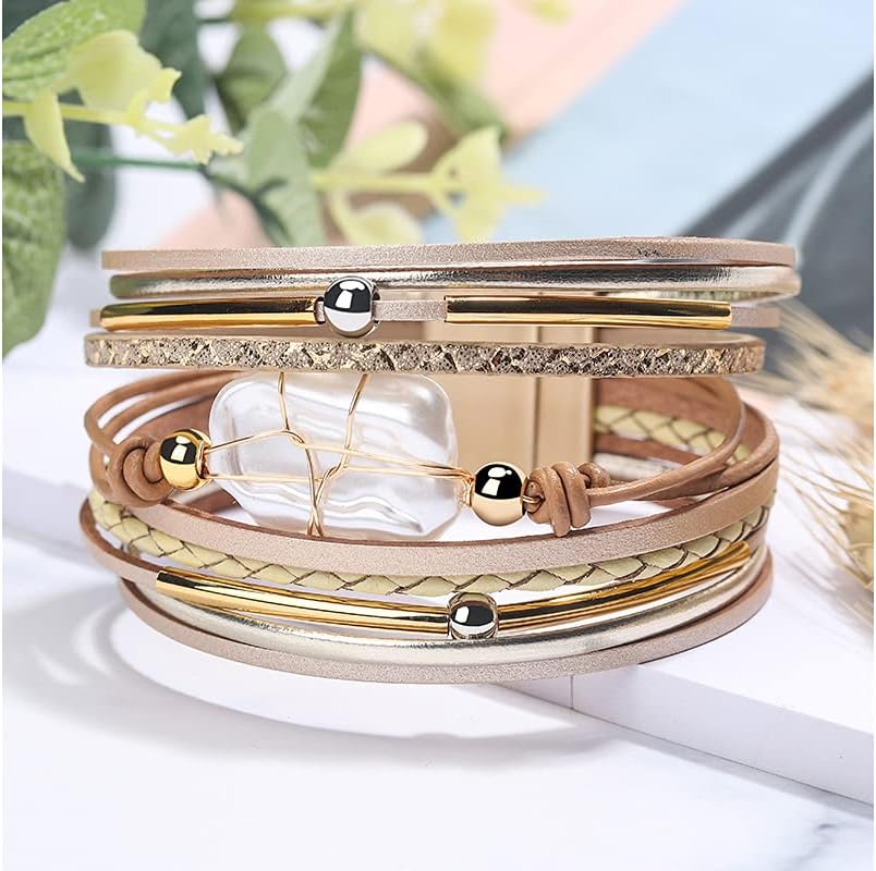 Fesciory Leopard Bracelet for Women, Boho Leather Wrap Multi-Layer Pearl Crystal Bracelet Bangle Jewelry