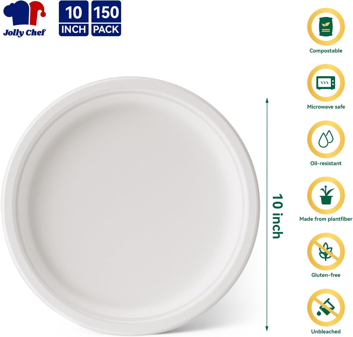 JOLLY CHEF Compostable Heavy Duty Plates 𝟭𝟬 𝗜𝗻𝗰𝗵 [𝟭𝟱𝟬 𝗣𝗮𝗰𝗸] Eco-Friendly Disposable White Paper Plates Bagasse Biodegradable Bulk for Party Dinner Thanksgiving Day (White)