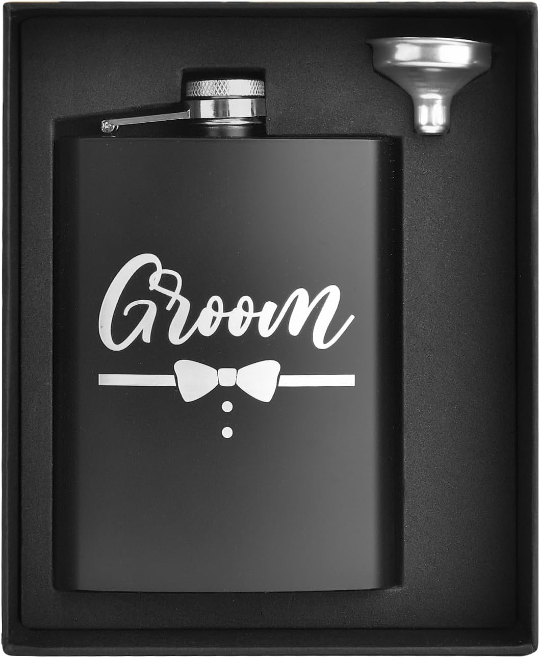 ELEGANTPARK Engraved Groom Flask Personalized Groom Gifts for Wedding Stainless Steel 8 OZ Black Hip Flask for Liquor with Funnel