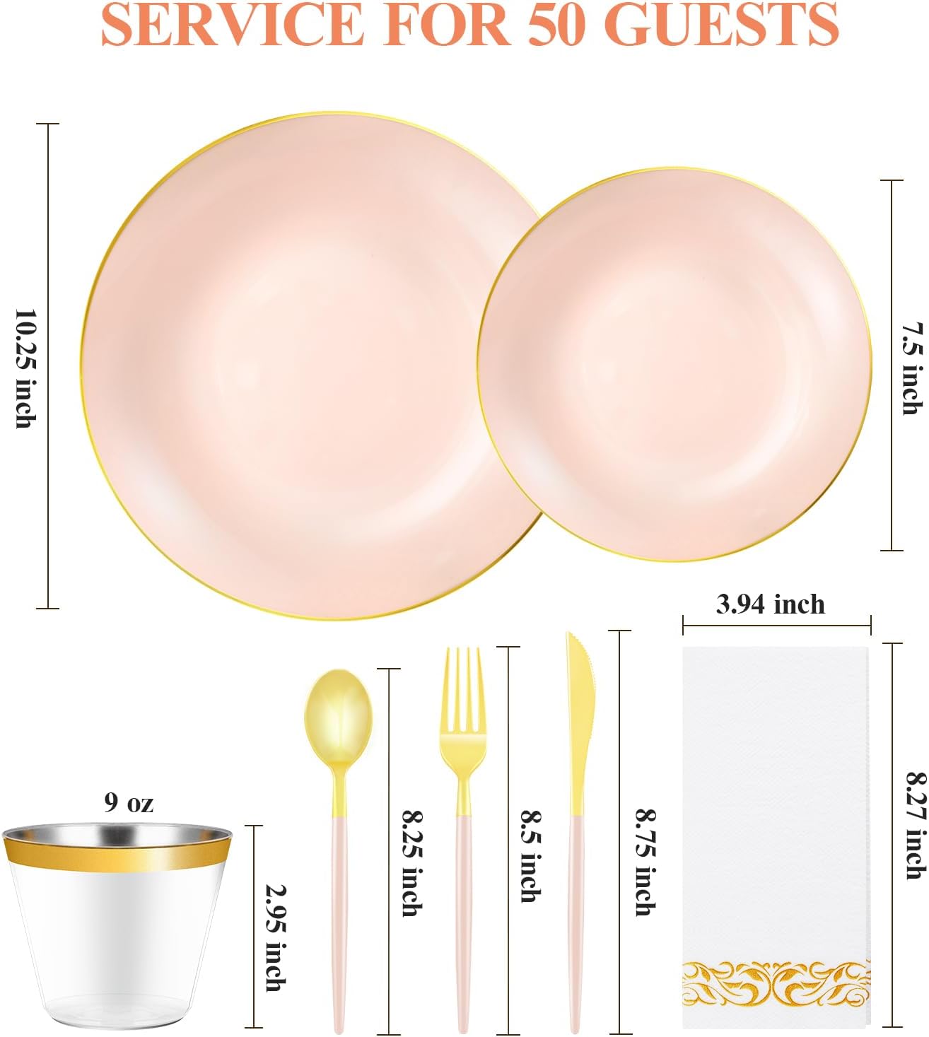 350 Pieces Pink Gold Plastic Dinnerware Set, Gold Disposable Plates for Party, Graduation, Include 100 Pink Plates with 150 Plastic Cutlery, 50 Napkins and 50 Cups
