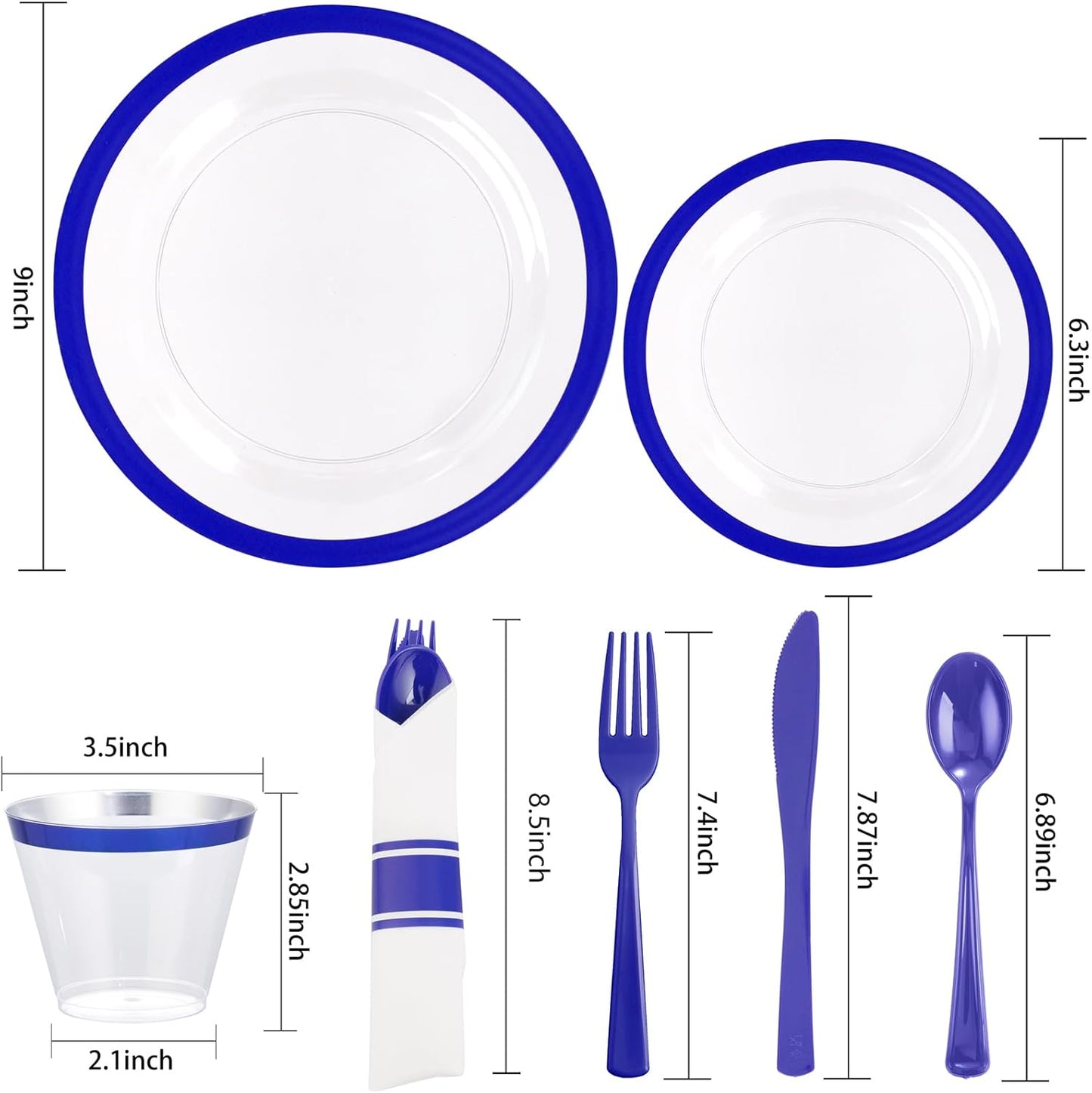 Liacere 350PCS Blue Plastic Plates - Clear with Blue Trim for 50Guests Dinnerware Include 100 Clear Plates disposable 150 Silverware 50Napkins for Wedding＆Back to School＆Labor Day&New Year
