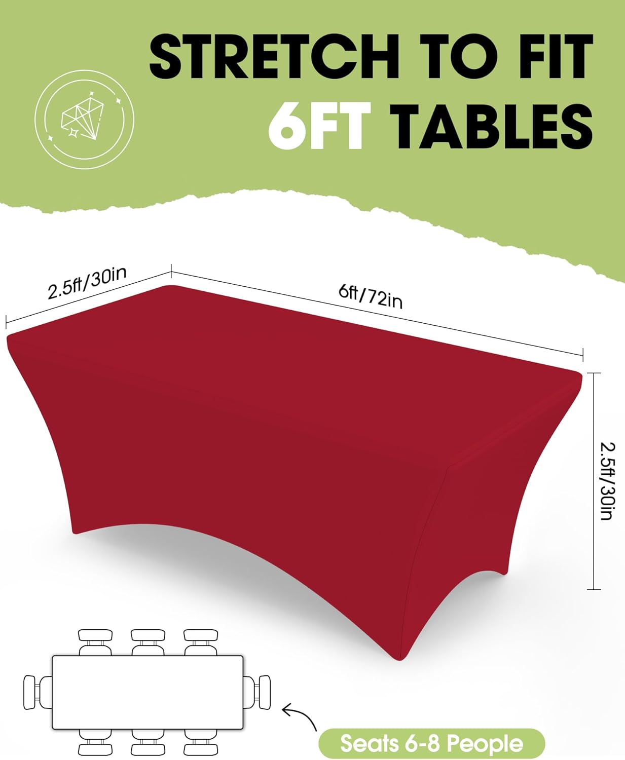 Pureegg Spandex Tablecloth 6ft - 6 Pack, Fitted and Stretch Table Cover for Rectangle Tables, Wrinkle-Resistant and Secure Fabric for Outdoor, Picnic, Party, Wedding, Banquet and Birthday, Red