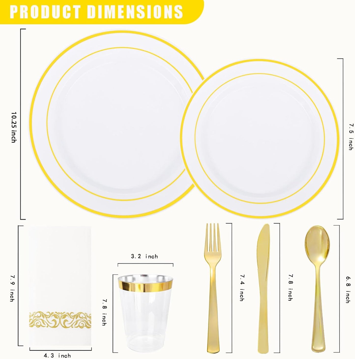 Supernal 200pcs Gold Plastic Dinnerware included 25 Party Dinner Plates 25 Dessert Plates 25 Disposable Cups and 25 Paper Napkins Disposable 25 Spoons 25 Knives 50 Forks for Party and Wedding