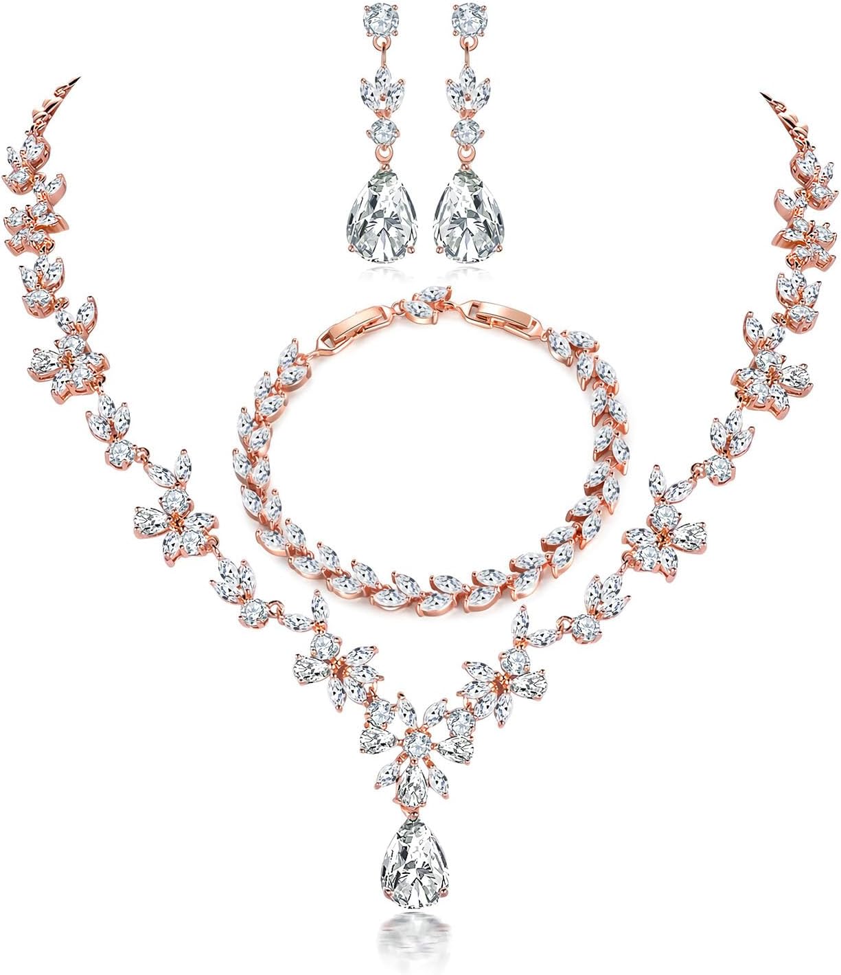 Hadskiss Jewelry Set for Women, Necklace Dangle Earrings Bracelet Set with White AAA Cubic Zirconia, Allergy Free Wedding Party Jewelry for Bridal Bridesmaid