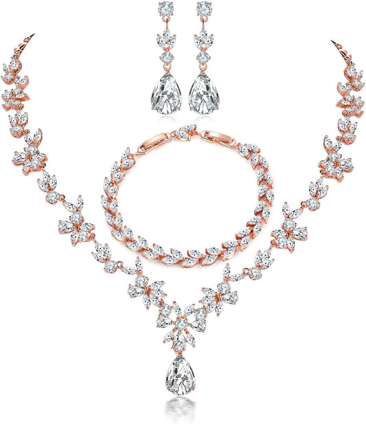 Hadskiss Jewelry Set for Women, Necklace Dangle Earrings Bracelet Set with White AAA Cubic Zirconia, Allergy Free Wedding Party Jewelry for Bridal Bridesmaid